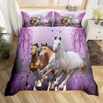 Boys Horse Duvet Cover Cherry Blossom Branches Kids Women Lavender Purple Bedding Set Girls Teens Galloping Horse Comforter Cover Animal Decor Quilt Cover Bedroom Collection 3Pcs King