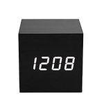 ThreeH Digital Alarm Clock,Wood Cube Little Clock with LED Time Calendar Temperature Display,Sound Control,Intelligent Induction,USB/Battery Powered Clock for Home Office AC10 Black_White