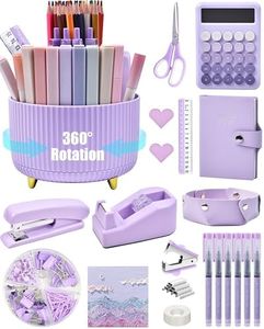 Purple Desk Accessories, 20Pce Office Supplies and 360°Pen Holder Desk Organizers, with Tape Dispenser, Stapler, Staple Remover, Ect, Fill Your Desktop with Lovely Colors