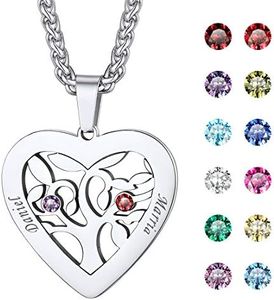 U7 Personalized 2 Names and Birthstone Necklace Stainless Steel Friendship Family Tree of Life Jewelry Heart Pendant Customized Mother Necklace for Women