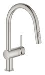 GROHE Minta – One Lever Kitchen Mixer Tap with Pull-Out Shower Head (2 Spray Options, High C-Spout, 360° Swivel Range, 46 mm Ceramic Cartridge, Easy to Install), Size 379 mm, Supersteel, 32321DC2