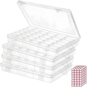 Budreu 4pack 36 Grids Plastic Clear Organizer Box Bead Storage Containers with Adjustable Dividers for Craft Jewelry Fishing Tackles Parts Storage with 4 Sheets Label Stickers