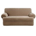 SureFit Stretch Pinstripe T-Cushion Sofa Loveseat Slipcover, Form Fit, Polyester/Spandex, Machine Washable, Two Piece, Taupe Color
