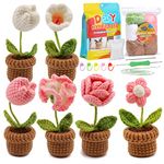 Beginner Crochet Kit, 6 Pcs Mini Flowers Potted Kit, Double Head Hook Knitting Set Starter Crochet Kit with Step-by-Step Instructions and Video Tutorials (Pink)