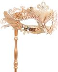 Coddsmz Masquerade Mask with Stick Venetian Mask Mardi Gras Decorations for Womens Halloween Costume Mask, GR3WO26WT01356A15CITO162, Rose Gold