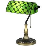 HOMCOM Stained Glass Table Lamp, Vintage Lamp with Green Handmade Shade, Metal Base, Antique Bedside Lamp for Bedroom Living Room Home Decoration