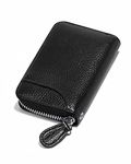 Credit Card Holder Small RFID Wallet Zipper Genuine Leather Wallets Case for Men Women id Compact Slim Zip 12 Individual Credit Card Slots and 2 Cash Slots Black