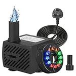 Mini Submersible Water Pump with Led Lights (350L/H,5W) Ultra Quiet Aquarium Water Pump Adjustable Fountain Pump with 142CM Power Cord 2 Nozzles for Fountain Pond Garden Hydroponics