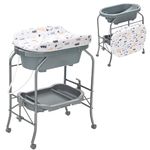 INFANS Baby Changing Table with Bathtub, Foldable Infant Diaper Dresser Station with 4 Universal Wheels Waterproof Pad Storage Tray, Portable Nursery Organizer Bath Stand for Newborn (Grey)