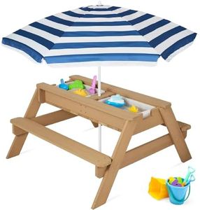 Best Choice Products Kids 3-in-1 Sand & Water Table, Wood Outdoor Convertible Picnic Table w/Umbrella, 2 Trays, Removable Top - Navy
