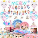 Cat Birthday Party Supplies,178pcs Cat Party Decorations&Tableware Set-Cat Themed Birthday Party Plates Napkins Cups Tablecloth&Cat Birthday Banner Balloons etc Kitty Theme Birthday Party Supplies