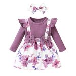 JiAmy Baby Girls Dresses Outfits Toddler Ruffle Long Sleeve Suspender Tutu Romper Patchwork Floral Plaid Dress with Bow Headband 2Pcs for 6-9 Months Purple