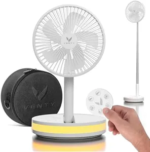 VENTY Original Portable Fan - Wireless Battery Operated Fan With 4 Speeds, Remote Control, Oscillation, & LED Lighting, Travel Rechargeable Fan & Power Bank USB-C Ports, Camping Fan (White with Case)