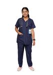 INDICARE innovative Women's Scrub suit with 7 pockets |V-Neck|Ideal for Doctors, Nurses, Dentists and Healthcare Professionals (Navy Blue) (S, Top & Pant set)
