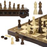 Peradix Chess Set and Draughts Board Games 2 in 1 Set | 15" Magnetic Foldable Walnut Wooden Chess Checkers Board | 2 Extral Queen | Educational Toy Set for Adults and Kids