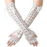 BABEYOND Lace Up Fingerless Gloves Long Elbow Gloves for Costume Party Lace-up Arm Warmer, White, One size fits most