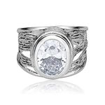 JEAN RACHEL JEWELRY 925 Sterling Silver Ring With White Oval Clear Cubic Zirconia Bezel, Hypoallergenic, Nickel and Lead-free, Artisan Handcrafted Designer Collection, Made in Israel