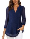 Zamowoty Ladies Blouses and Tops Dressy Work Tops for Women 3/4 Sleeve Elegant Casual Dress Shirts for Office Professional Ladies Business Attire Job Interview Outfits Long Tunics Dark Blue Stripes L