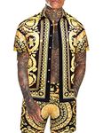 Daupanzees Men's Luxury Casual Button Down Short Sleeve Hawaiian Shirt Suits, Gold, Large