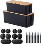 2PCS Cable Management Box with Bamboo Lid, Cord Organizer for Desk TV Computer USB Hub System to Cover and Hide & Power Strips & Cords with Self Adhesive Cable Clips Holder 10 Pcs (2pcs Black)