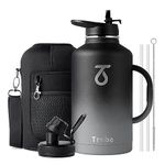 Trebo Insulated Water Bottle 2L, Stainless Steel Water Bottle 2L Metal Bottle with Handle Metal Large Jug Travel Flask with Straw Spout Lid Mug Tumbler Cup with Carry Pouch Keep Cold Hot, Dark Grey