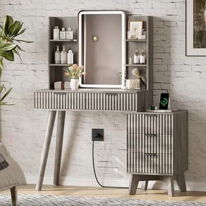 Xixini Fluted Vanity Desk with LED Lights Mirror & Charging Station, Grey