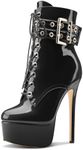 Aachcol Womens Stiletto High Heel Platform Ankle Boots Round Toe Lace-up Zipper Mid Calf Buckle Patent Leather Dress Booties, Black, 9