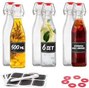 Praknu 6 Bouteille Verre 500ml Bouchon Mécanique - Bouteille en Verre avec Bouchon - 6 Étiquettes et Stylo 6 Joints Supplémentaires - Bouteille Vide Verre pour Infusion d'huile d'olive