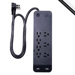 GE, Black, Strip Surge Protector Charger, 7 Outlets, 2 USB Ports, Fast Charge, Flat Plug, Long Power Cord, 3 Feet, Wall Mount, Warranty, 37054, 3 Ft