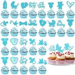 JCFUITHN 36pcs Baby Shower Boys Cupcake Topper Decorations, Glitter Baby Blue Boys Cake Toppers for Boys Gender Reveal Birthday Party Decorations (Blue)