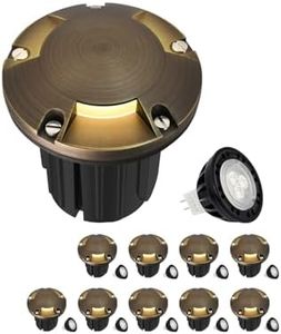 MALORY Brass Top Cover Landscape Well Lights,(5''H) 12V Low Voltage Outdoor In Ground Lights,Landscape Lighting for Pathway, Driveway and Garden (Three-Direction Turret, 10-Pack with Bulb)