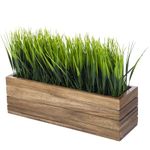 MyGift 14 Inch Artificial Green Grass Plant in Solid Acacia Wood Planter Window Box, Faux Greenery in Decorative Rectangular Crate Style Wooden Container