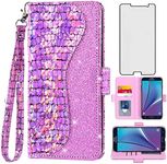 Asuwish Phone Case for Samsung Galaxy Note 5 Wallet Cover with Screen Protector and Wrist Strap Flip Credit Card Holder Bling Glitter Stand Cell Glaxay Note5 Gaxaly Notes 5s Five Women Girls Pink