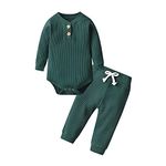 Newborn Infant Baby Boys Clothes Unisex Long Sleeve Button Knit Solid Color Bodysuit Pants Fall Outfit Set - 3-6 Months Dark Green