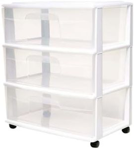 HOMZ 3 Drawer Plastic Storage Organizer Cart with Removeable Wheels, Clear/White