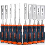 Presch Wood Chisel Set 10 pcs. (6, 10, 12, 16, 18, 20, 24, 26, 32 & 38 mm) - Fully Polished for immediate use - for Professionals with a 25° Angle and Robust Metal Striking Cap