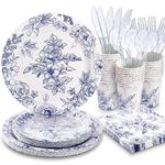 DEZICOOK Blue Floral Party Supplies for 25-blue and White Porcelain Plates and Cups and Napkins Sets for Birthday Bridal Shower Party Decorations