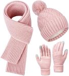 Womens Winter Beanie Hat Scarf Touchscreen Gloves Set, Fleece Lined Beanie Hats Ribbed Cable Knit Skull Caps with Pom Pom, Pink, Medium