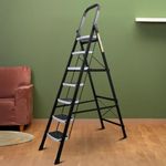 BonKaso Climb Steady Premium Alloy Steel Heavy Duty Multipurpose Foldable 7 Step Ladder with Connecting Frame & Belt Support for Home and Outdoor - (Matte Black & White)