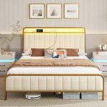 Rolanstar Bed Frame Queen Size with Charging Station and LED Light, Upholstered Velvet Bed with Headboard Footboard, Heavy Duty Metal Slat, No Box Spring Need, Noise Free, Easy Assembly, Golden Color