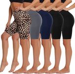 HIGHDAYS 5 Pack High Waist Biker Shorts for Women - 8" Soft Spandex Workout Yoga Running Athletic Shorts, Black/Black/Grey/Navy/Leopard, Large-X-Large