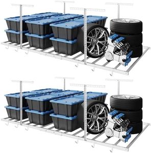 FLEXIMOUNTS 4x8 Overhead Garage Storage Rack with 6 Hooks, Adjustable Storage Organization System, Heavy-Duty Metal Ceiling Racks, 22.6" -39.4" Ceiling Dropdown, 2 Pack, White, Lite Series