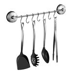 Poywaze Kitchen Utensils Holder with 7 Hooks, SUS 304 Stainless Steel Kitchen Hooks Never Rusts, Suction Cup Utensil Rack, No Drilling Removable Reusable Suction Hooks for Bathroom