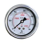 "Ji" Japsin Instrumentation Pressure Gauge Glycerin Filled Industrial Heavy Duty, Dial 2 1/2" (63 mm) Range 0 to 280 Bar With Dual Scale of 4000 PSI, Direct Mounting Back Entry 1/4" BSP (M)