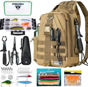 Ghosthorn Fishing Backpack with Tackle Boxes, Fish Pliers, Fish Lip Gripper, Lures, Waterproof Tackle Bag with Rod Holder, Fishing Gear Sling Bag Gift For Men Women Anglers (Khaki)