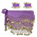 Morices Belly Dance Hip Scarf with Bracelets, Chiffon Belly Dance Scarf Wrap Belt Sash Skirt with Gold Coins for Performance Costume Belly Dance Yoga Class