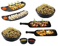 DECOR VIBES Melamine French Fries, Momos, Paneer Tikka Serving Platter with 2 Noodles Bowls and 2 Dip Bowls Unbreakable Dessert and Snacks Platter/Tray (Matt Black, Combo Pack of 8)