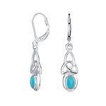 Irish Love Knot Oval Bezel Set Semi Precious Gemstone Stabilized Turquoise Dangle Celtic Knot Earrings For Women Teens .925 Sterling Silver Lever Back