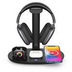 Navor 5W Dock Station and Headphone Stand - 4-in-1 Charging Station and Headset Stand - Headphone Holder with Wireless Charging - Desk PC Gaming Accessories - Stand for All Earphones