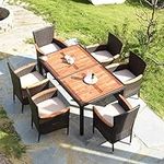 Tangkula 7 PCS Outdoor Patio Dining Set, Garden Dining Set w/Acacia Wood Table Top, Stackable Chairs with Soft Cushion, Poly Wicker Dining Table and Chairs Set